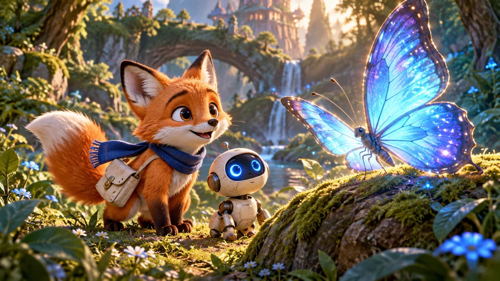 AI-generated concept: a fox explorer and friendly robot discover a glowing butterfly in a magical forest