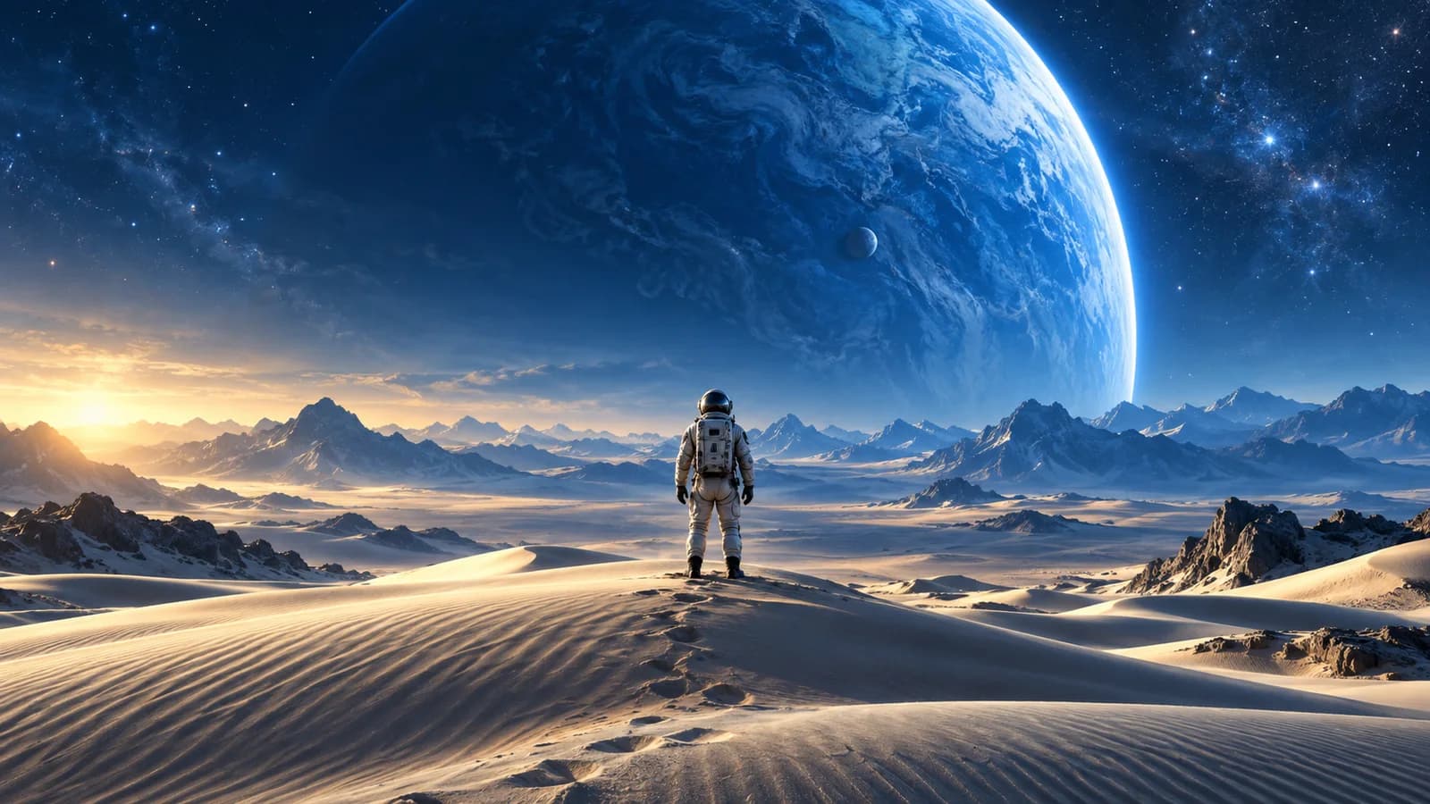 AI-generated concept: an astronaut on cream-colored dunes beneath an enormous blue planet