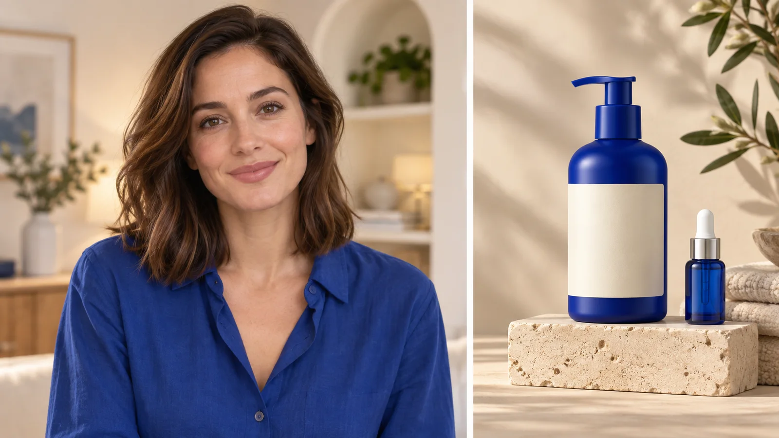 AI-generated ad concept: a fictional presenter beside unbranded blue skincare products
